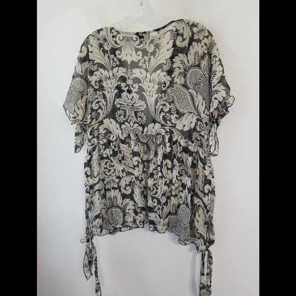 Anna Sui Target Black Floral Print Low V Neck Sheer Top Large - Picture 3 of 7